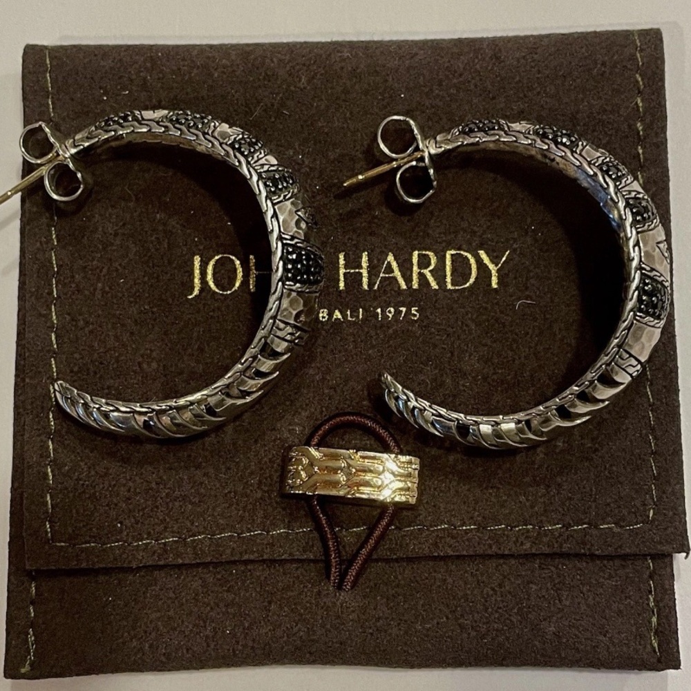 John Hardy Silver Hoop Earrings with Black Accents .